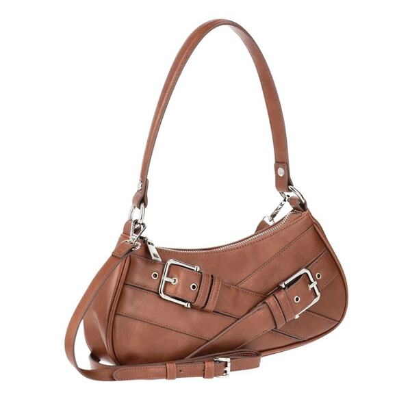 No Boundaries Shoulder Bag Purse Women Cognac Brown Double Buckles - Picture 3 of 4